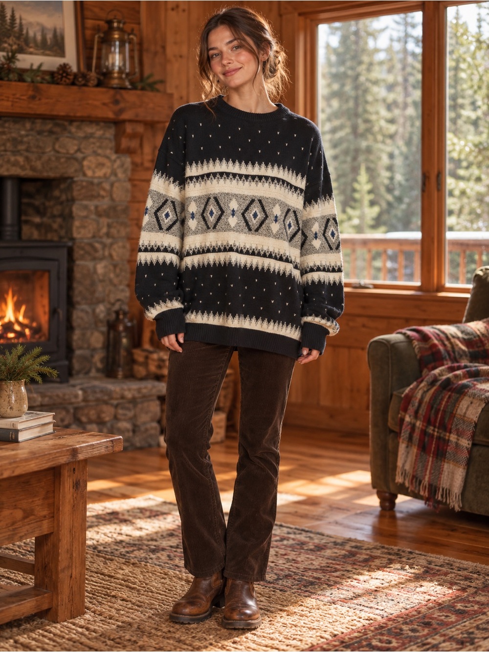 Vintage Claiborne Black and Cream Patterned Geometrical Fair Isle Sweater large